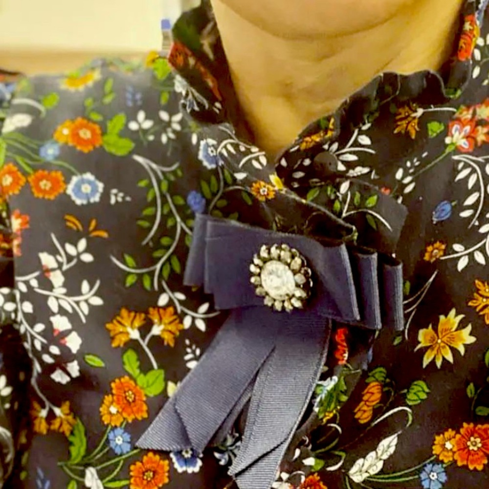 Collar Fabric Ribbon Bow Brooch, Navy Blue, Black
